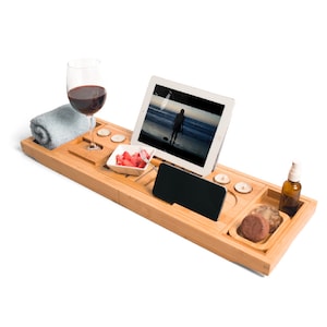 Luxury Bathtub Caddy Tray, Perfect Mother's Day Gift, Eco Bamboo Bath Tray, Book iPad Stand,Phone Holder & Wine Glass Slot, Gift for her mom image 6