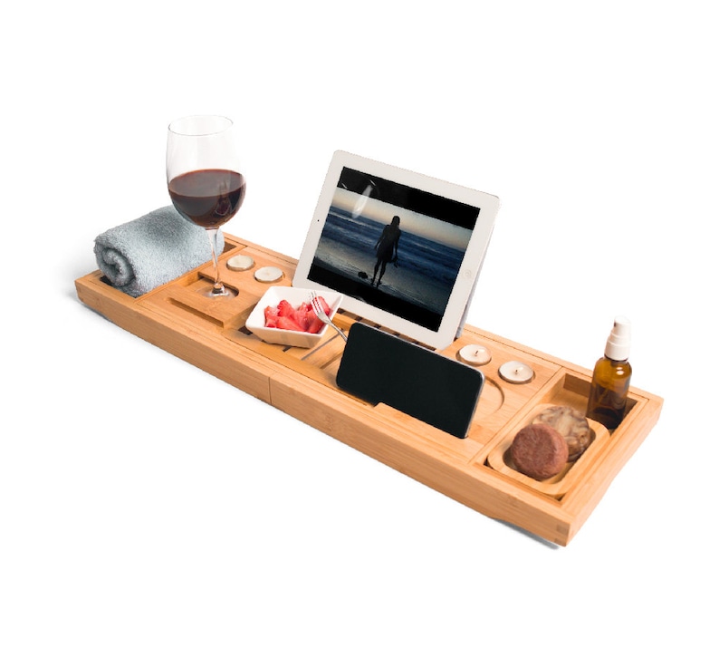 Luxury Bathtub Caddy Tray, Perfect Mother's Day Gift, Eco Bamboo Bath Tray, Book iPad Stand,Phone Holder & Wine Glass Slot, Gift for her mom image 6