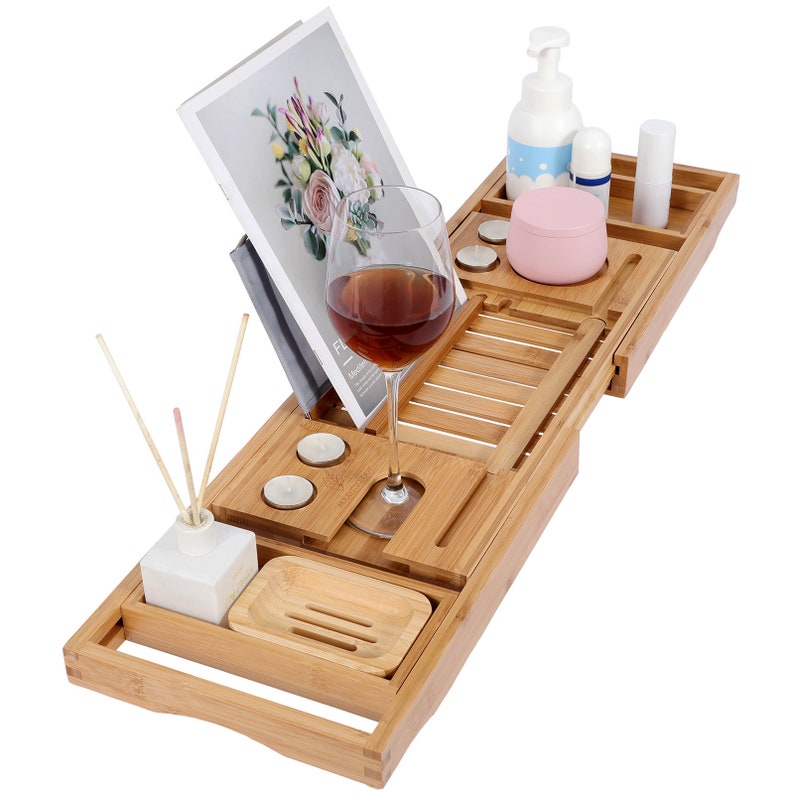Luxury Bathtub Caddy Tray, Perfect Mother's Day Gift, Eco Bamboo Bath Tray, Book iPad Stand,Phone Holder & Wine Glass Slot, Gift for her mom image 10