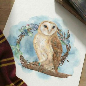 Pode incluir: Pintura em aquarela de uma coruja-das-torres empoleirada em um galho, cercada por uma coroa de folhas e mirtilos. A coruja tem um corpo manchado marrom claro e branco com um rosto em forma de coração. O fundo é uma lavagem azul suave.