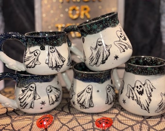 Handmade Ceramic Ghost Mug, Speckled Halloween Pottery