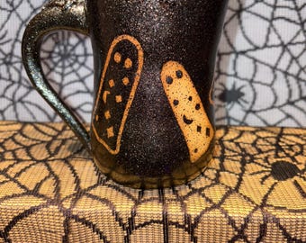 Black Sparkle Halloween Ghost Mug: Handmade Ceramic Pottery Coffee Cup