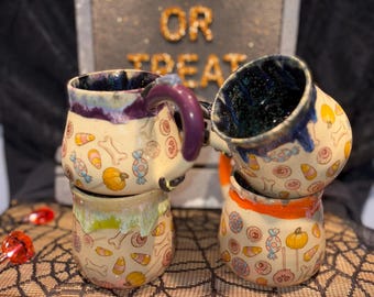Trick or Treat Halloween Mug: Handmade Ceramic Pottery Coffee Cup, wheel thrown pottery