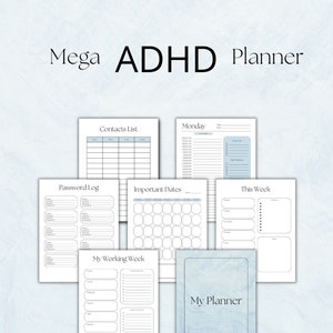 Op de afbeelding: Een printbare en digitale planner voor mensen met ADHD. De planner bevat secties voor contacten, wachtwoorden, belangrijke data, een wekelijks schema en een algemene planner. De omslag van de planner is blauw met een textuur en de tekst "My Planner". De tekst "21 Pages" en "Printable & Digital" is ook in de afbeelding opgenomen. De tekst "Direct downloaden alleen! Geen fysieke producten worden verzonden" staat onderaan de afbeelding.