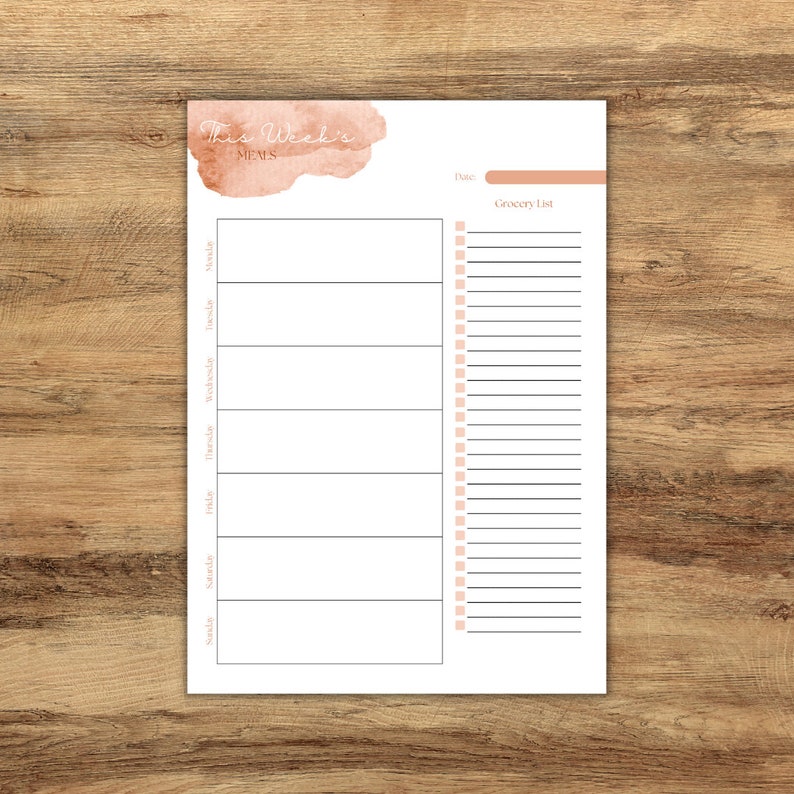 May include: A printable weekly meal planner with a watercolor background. The planner includes a section for each day of the week and a grocery list.