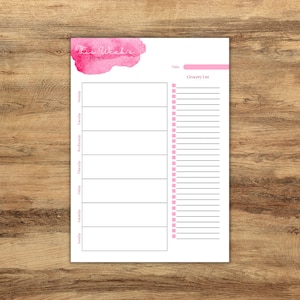 May include: A printable weekly planner with a pink watercolor design. The planner includes a grocery list and a daily schedule from Sunday to Monday.