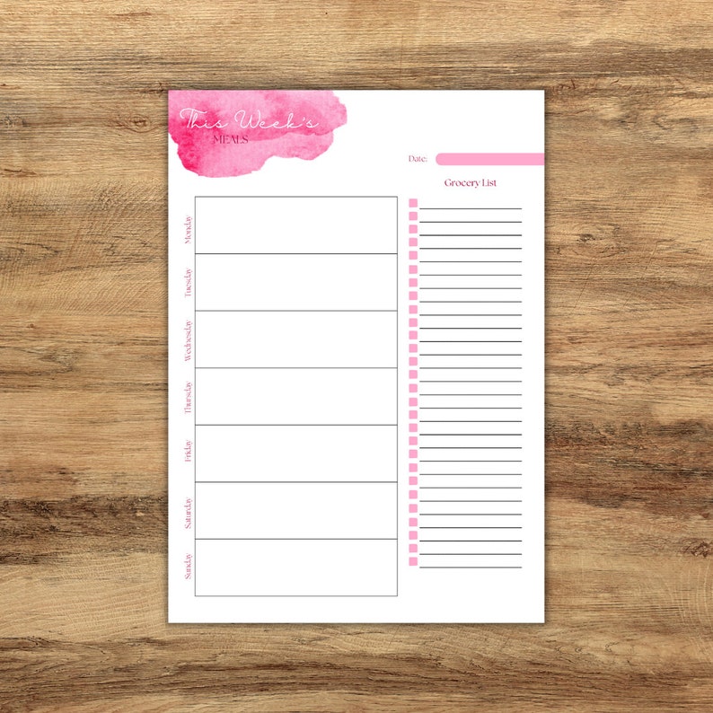 May include: A printable weekly planner with a pink watercolor design. The planner includes a grocery list and a daily schedule from Sunday to Monday.
