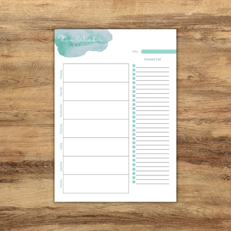 May include: A printable weekly meal planner with a teal watercolor background. The planner includes a section for each day of the week and a grocery list.