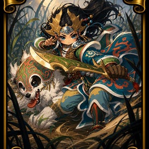 May include: A fantasy card depicting a warrior on a white creature with a decorative mask. The warrior holds a golden sword and wears ornate armour. The card is labelled "Eshki Dragonclaw" and "Commander Deck" in gold.
