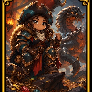 May include: A fantasy card featuring "Magda, the Hoardmaster" in pirate attire, seated on a rock with a treasure chest and coins. A dragon stands behind her. The card is labeled "Commander Deck".