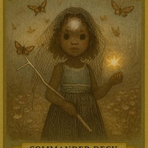 May include: Illustration of Aminatou, the Fateshifter, from a Commander Deck card. A young girl with dark hair and a veil holds a glowing star and a wooden staff. Butterflies and the text "Commander Deck" are also visible.