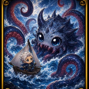 May include: A fantasy card illustration featuring a sea monster with large eyes and tentacles, titled "Gyruda, Doom of Depths." A small boat with a sailor is on the water. The card is labeled "Commander Deck."