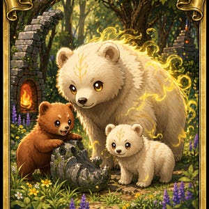 May include: A fantasy illustration of a mother bear and two cubs in a forest setting. The mother bear is white with golden accents, and the cubs are brown and white. The text "Duskana, the Rage Mother" and "Commander Deck" are displayed.