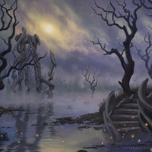 May include: An eerie landscape painting featuring a misty swamp with leafless trees and a wooden structure. The sky is a mix of yellow and purple, with a bright light. The water reflects the trees and the sky.