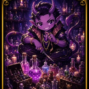 以下が含まれることがあります： 角のある紫色の肌のキャラクターのファンタジーイラスト。ポーションボトルとろうそくで囲まれています。「Henzie 'Toolbox' Torre」と「Commander Deck」の文字がカードに表示されています。