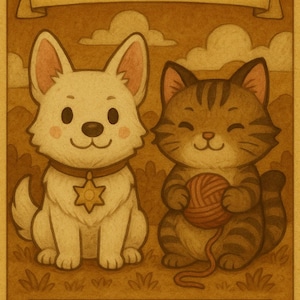 May include: A sepia-toned illustration of a dog and cat, with the text "Rin and Seri, Inseparable" above them. The dog is white with a brown collar and star-shaped tag. The cat is brown and holding yarn. The text "Commander Deck" is below.