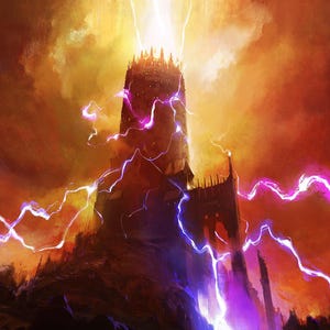 May include: Digital art of a tall, dark tower with a crenelated top, struck by bolts of purple and white lightning. The sky is a fiery orange and yellow, with a bright light emanating from the tower's peak. The scene evokes a fantasy or sci-fi theme.