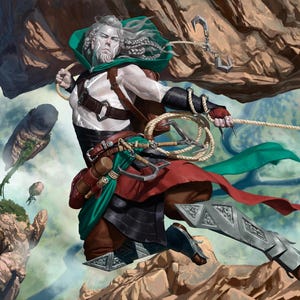 Op de afbeelding: Een illustratie van een figuur in de lucht, die een touw met enterhaken vasthoudt. De figuur draagt een groene cape, een rode rok en metalen beenpantser. De achtergrond toont zwevende rotsformaties en een bewolkte lucht.