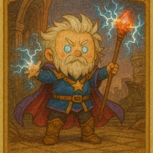 Puede incluir: Ilustración de Urza, Chief Artificer, una carta de personaje de un Commander Deck. El personaje, un mago, tiene barba blanca, ojos azules y viste una túnica azul, capa morada y botas marrones. Sostiene un bastón con un orbe rojo brillante, con rayos azules.