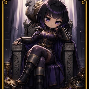 May include: A fantasy-themed card featuring a seated anime-style character with purple hair and eyes, wearing a dark purple outfit. An eagle perches on the back of the throne. The card has gold accents and the text "Rev, Tithe Extractor" and "Commander Deck".