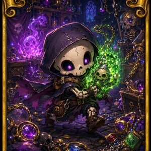 May include: A rectangular trading card featuring a skeleton character in a dark hooded cloak titled Tinybones, Trinket Thief. The character holds a glowing green skull-shaped object. The card border is gold with the text COMMANDER DECK at the bottom.