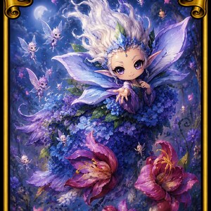 May include: A rectangular game card titled Oona, Queen of the Fae and Commander Deck, featuring a central fairy character with white hair and purple wings, surrounded by smaller winged figures, blue and purple flowers, and a night sky background.