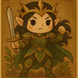 May include: Illustration of Lathril, Blade of the Elves, a cartoon elf warrior with a sword, wearing green armor and a crown. The image is on a tan background with the words "Commander Deck" at the bottom.
