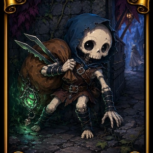 May include: Illustration of a skeleton character, "Tinybones, Bauble Burglar," from a Commander Deck card. The skeleton wears a blue hood and carries a brown sack and two knives. A glowing green gem hangs from the sack. The background shows a medieval town.