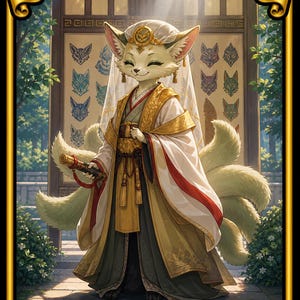 May include: A fantasy card featuring a fox-like character in traditional attire. The character wears a white and gold robe, holding a scroll. The card is framed in gold with the text "Light-Paws, Emperor's Voice" and "Commander Deck".