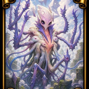 Könnte beinhalten: Fantasy-Karte mit einer Kreatur mit hellem Kopf, lila Tentakeln und mehreren Augen. Die Karte ist goldfarben gerahmt und trägt den Text "Ulalek, Fused Atrocity" und "Commander Deck". Der Hintergrund zeigt einen bewölkten Himmel und antike Ruinen.
