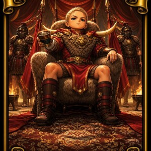 Puede incluir: Ilustración digital de una carta que presenta a un joven César, Emperador de la Legión, sentado en un trono. Viste un atuendo rojo y dorado con un cuello de piel. La carta tiene el texto "Caesar, Legion's Emperor" y "Commander Deck" en pancartas doradas.