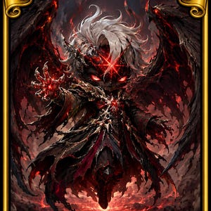 May include: A rectangular trading card featuring the text Valgavoth, Harrower of Souls at the top and COMMANDER DECK at the bottom. The central illustration depicts a small, demonic figure with white hair, glowing red eyes, and dark wings.