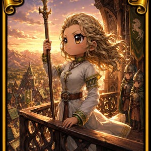 May include: A collectible trading card titled Éowyn, Lady of Rohan Commander Deck featuring a blonde character in a white tunic holding a spear on a balcony overlooking a medieval town with two armored figures standing in the background.