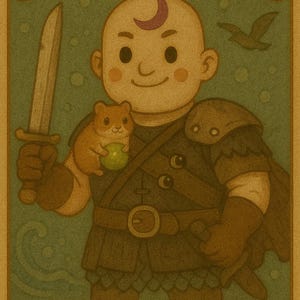 May include: Illustration of a card featuring a cartoon character holding a sword and a hamster. The card reads "Minsc, Timeless Hero" and "Commander Deck" on banners. The character wears armor and has a crescent moon on their head.