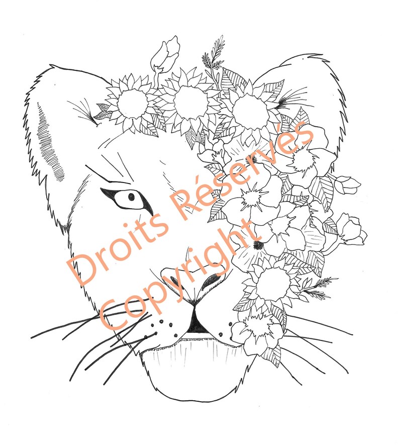 Drawing Lion and Flowers Coloring Page to Print - Etsy UK