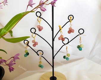 Gemstone earrings, Cluster earrings, Three-stone earrings, Pink earrings, Green earrings, Kawaii earrings, cute earrings,