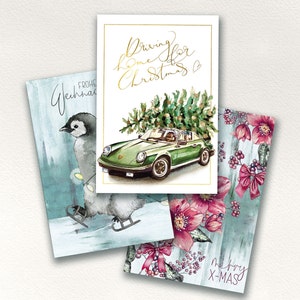 Weihnachtskarten Bundle Porsche, Pinguin und Christrosen