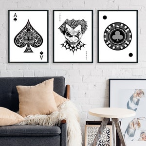 Poker Wall Art Set Printable Multi Canvas Panels Royal Flush Playing Card Deck Joker King Black Luxury Monochrome Casino Decoration