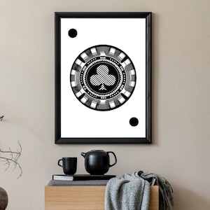 POKER CHIP Printable Wall Art Minimal Monochrome Black White Good Luck Poster Casino Lucky Clover Gaming Playing Room Decoration