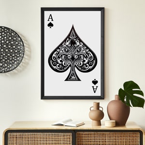 Poker Wall Art imprimable As de pique Casino jeu bonne chance carte à jouer affiche minimale noir et blanc homme grotte décoration