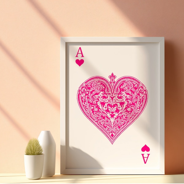 Pink Ace of Hearts Playing Card - Digital Print - Modern Wall Decor for Your Game Room