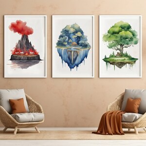 May include: Three watercolor paintings depicting different landscapes. The first painting shows a red volcano erupting with a small village at the base. The second painting shows a blue waterfall cascading down from a floating island with a small house. The third painting shows a green tree with a small house on a floating island.