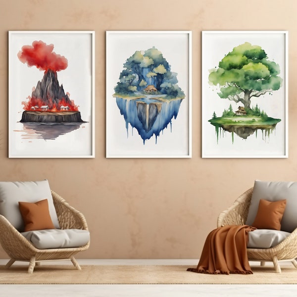 Set of 3 Japanese Watercolor Floating Island Wall Art Prints | Volcano, Lake, Forest | Zen Decor