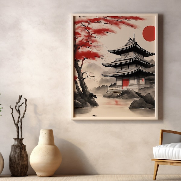Japanese Temple by the Lake Printable Wall Art | Black and White with Red Accents | Digital Download Home Decor