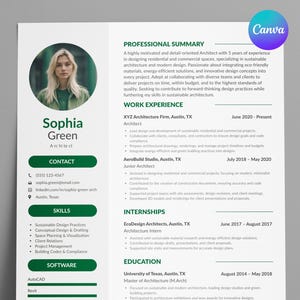 Op de afbeelding: Een groene en witte cv-sjabloon met een foto van een vrouw in de linkerbovenhoek. De cv bevat de naam Sophia Green, Architect, contactgegevens, vaardigheden, software, werkervaring, stages en opleiding. De cv is ontworpen met een moderne en strakke esthetiek.