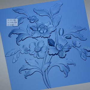 May include: A blue floral relief sculpture featuring detailed blossoms, leaves, and stems. The design includes various sizes of flowers and foliage, creating a textured, three-dimensional effect. The background is a solid blue color.