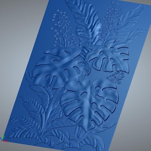 May include: A blue rectangular relief sculpture featuring tropical leaves and floral elements. The design includes large, textured Monstera leaves, smaller leaves, and delicate flower clusters, all rendered in a monochromatic blue.