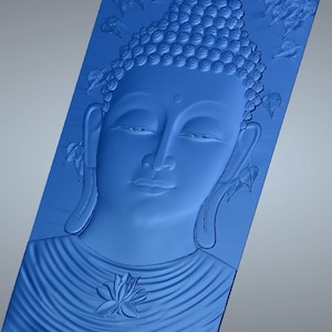 May include: A blue relief carving of Buddha's face, featuring a serene expression and detailed hair. The carving includes a lotus flower and leaf motifs, set against a rectangular background. The artwork is a representation of Buddhist art.