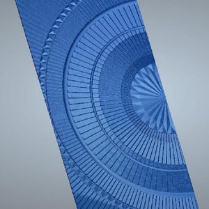 May include: A blue, geometric design with a semi-circular pattern. The design features repeating lines and triangular shapes, creating a textured appearance. The overall aesthetic is modern and abstract.