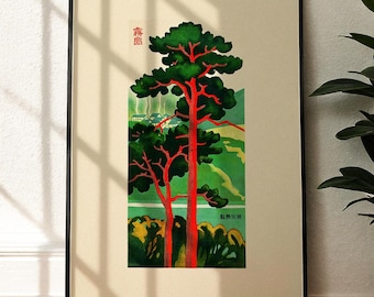 Vintage Japanese Tree Poster – Japandi Wall Art Print, Red Pine